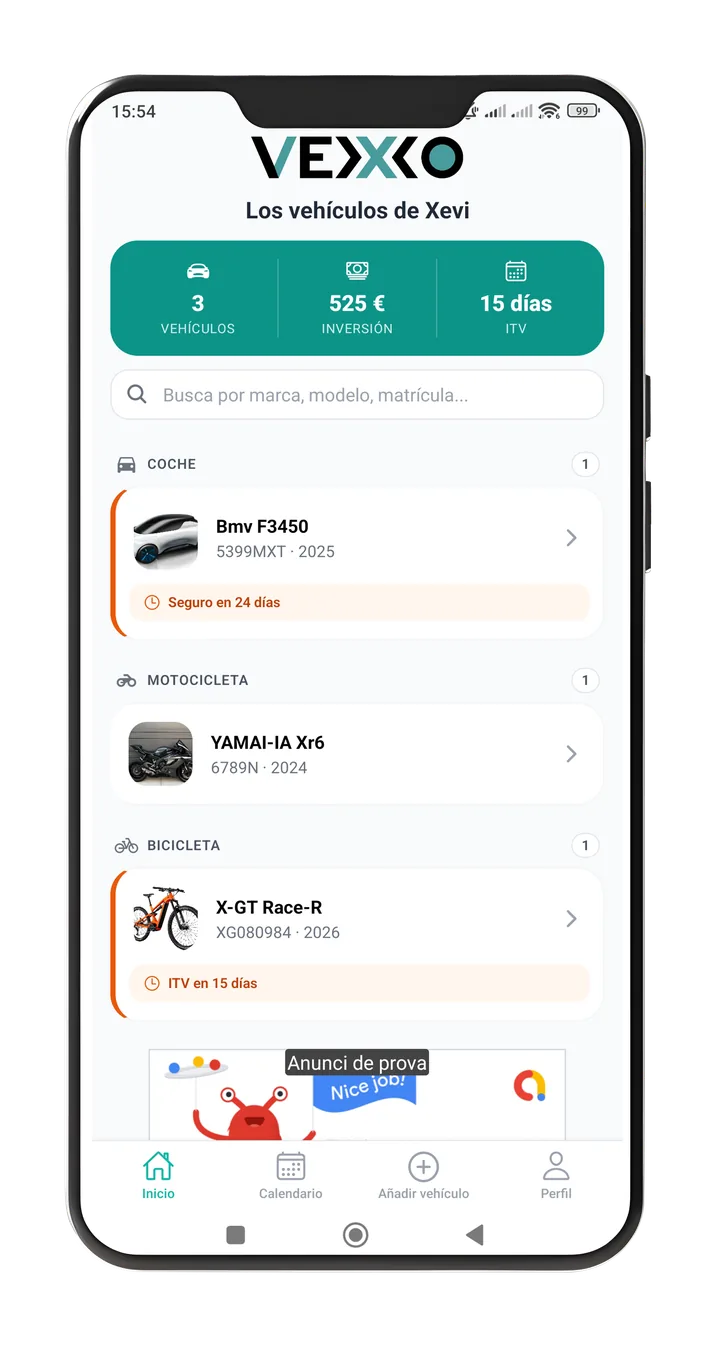 Pantalla principal de Vexxo amb el llistat de vehicles per categoria i estadístiques d'inversió i propers venciments