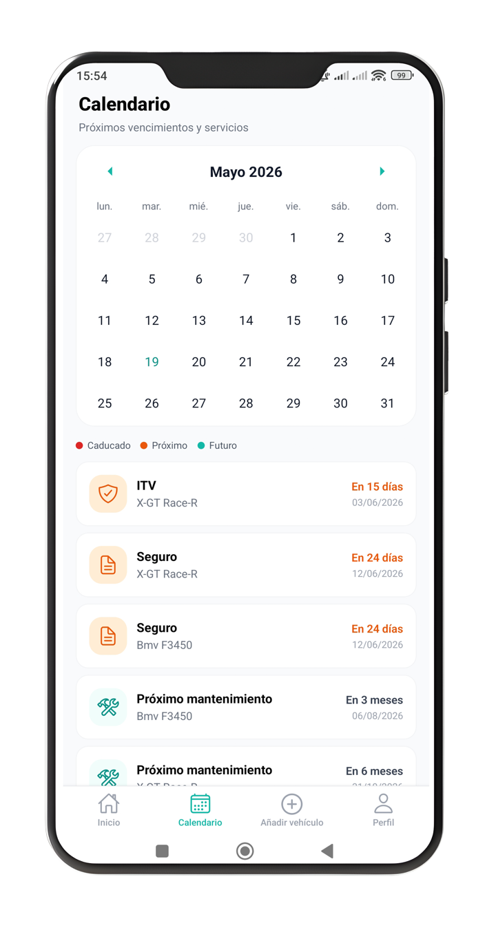 Calendari mensual de Vexxo amb codis de color per a ITV, assegurances i manteniments