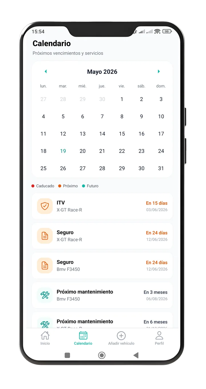 Calendari mensual de Vexxo amb codis de color per a ITV, assegurances i manteniments