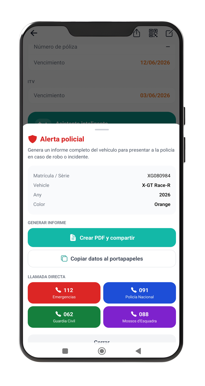 Pantalla d'alerta policial de Vexxo amb dades del vehicle, generació de PDF i botons de trucada a 112, 091, 062 i 088