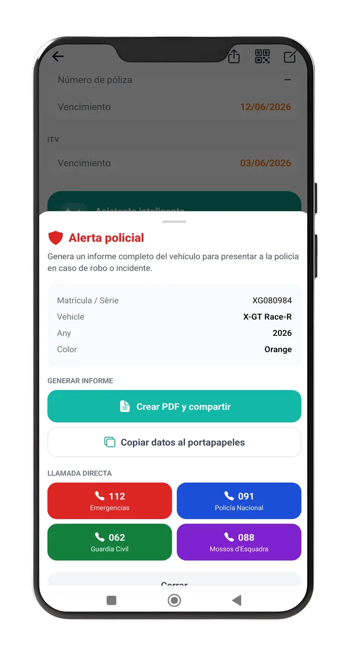 Pantalla d'alerta policial de Vexxo amb dades del vehicle, generació de PDF i botons de trucada a 112, 091, 062 i 088