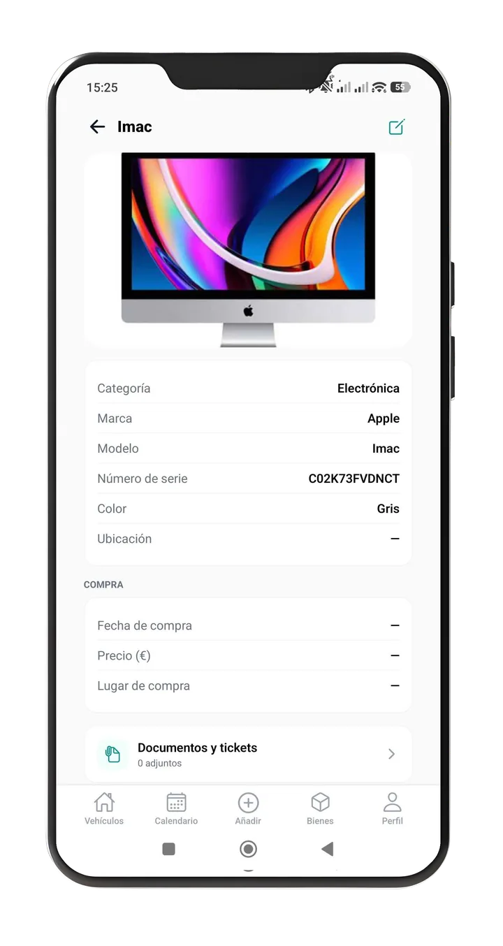 Fitxa d'un bé a Vexxo: categoria Electrònica, marca, model, número de sèrie, dades de compra i documents i tiquets adjunts
